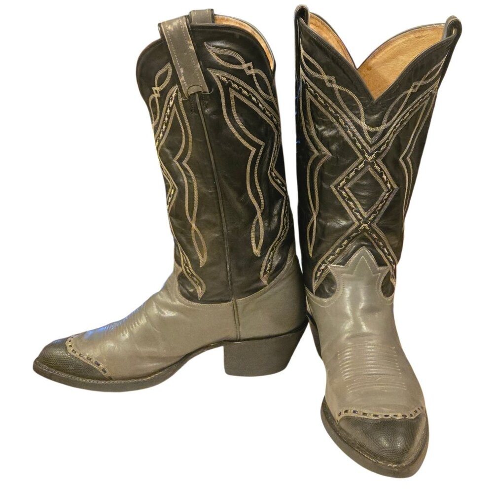 Vintage Tony Lama Cowboy Boots Mens 10 D Black Gray Leather Wingtips Western